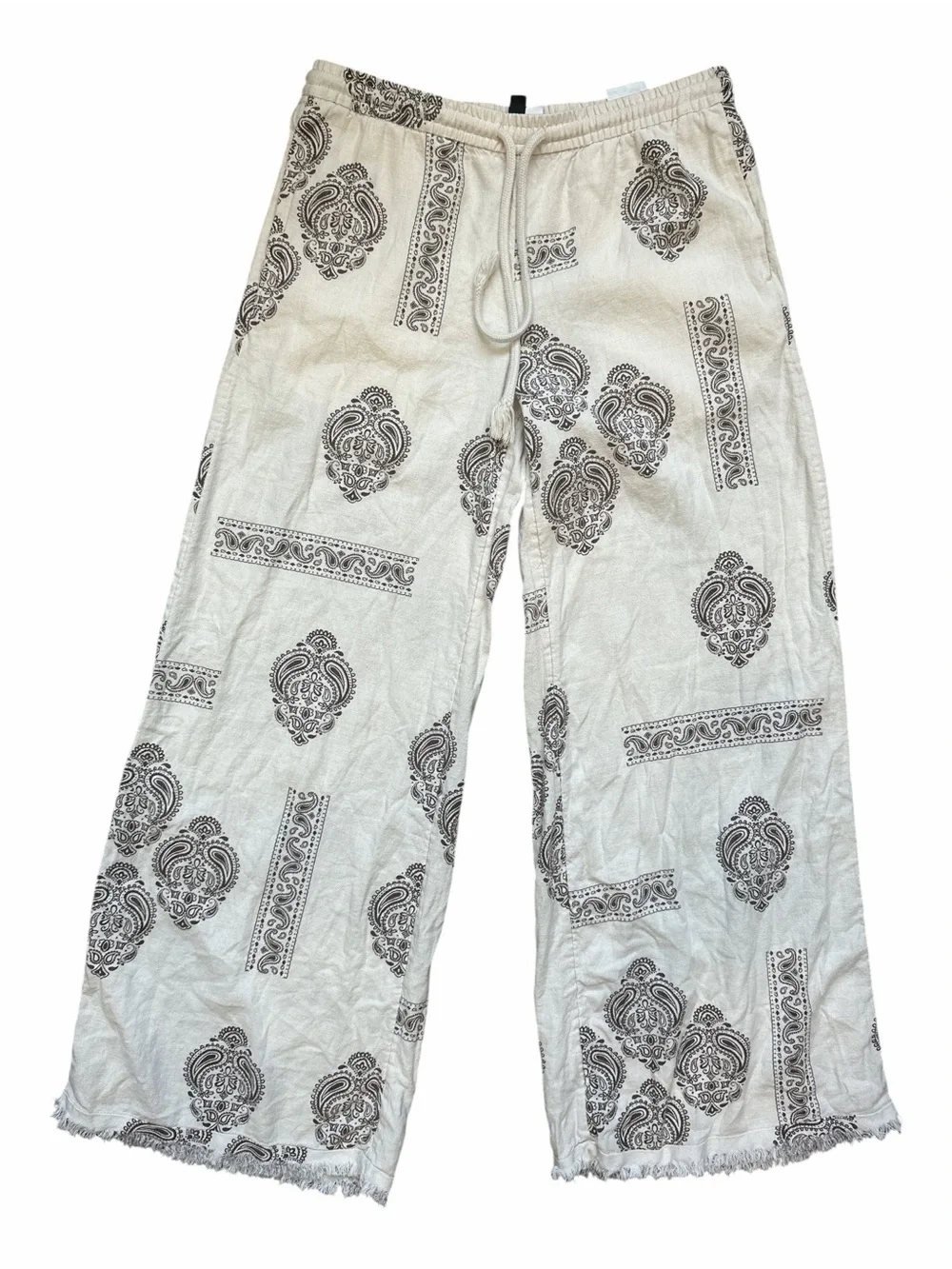 H&M Cream Paisley Linen Blend Wide-Leg Pants Drawstring Frayed Hem Size XS